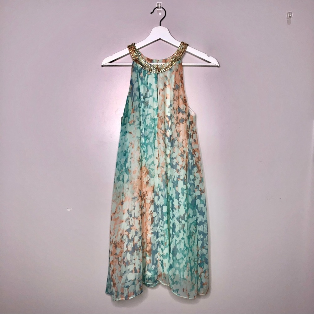 Vince Camuto Halter Gold neck W/Aqua print - Picture 2 of 8